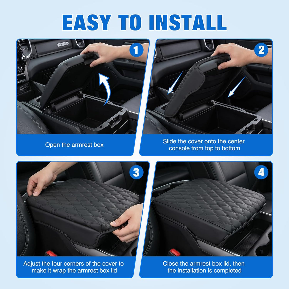 Center Console Cover for Dodge Ram 1500/2500/3500 2019-2025 2026 | for Ram Bucket Seat Accessories Nappa Leather Armrest Cover for Car Waterproof Anti-Scratch Middle Arm Rest Cushion, Black