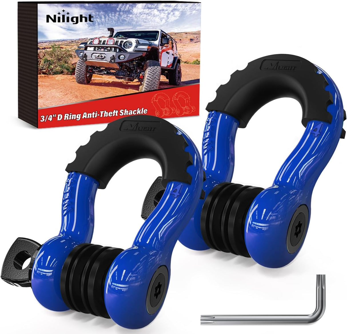 3/4 Inch D Ring Anti-Theft Shackle Tow Hook Jeep Truck SUV ATV UTV | Off Road Recovery Gear 19T 41,887 lbs Break Strength 4.75T WLL Rust-Resistant Anti-Rattle Isolators Heavy Duty Blue 2pack