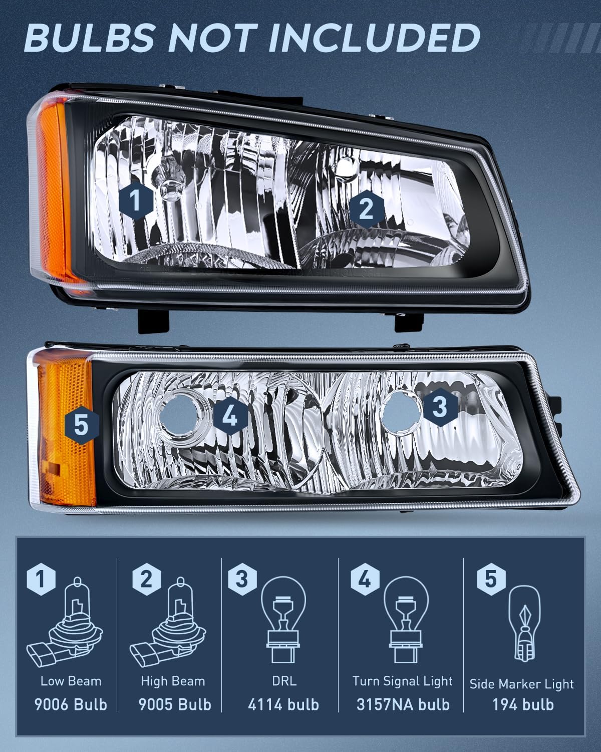 Headlight Assembly for 2003 2004 2005 2006 Chevy Silverado Avalanche 1500 1500HD 2500 2500HD 3500 Chevrolet Pickup Replacement Headlamp Black Housing Amber Reflector Bumper Lamp Set