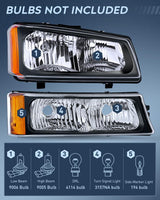 Headlight Assembly for 2003 2004 2005 2006 Chevy Silverado Avalanche 1500 1500HD 2500 2500HD 3500 Chevrolet Pickup Replacement Headlamp Black Housing Amber Reflector Bumper Lamp Set