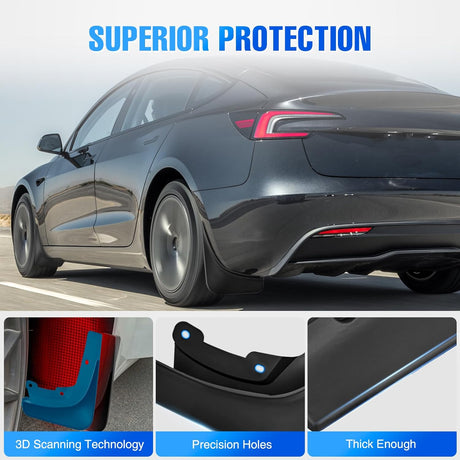 Mud Flaps for Tesla Model 3 Highland 2024 2025, No Drilling Precision Fit Exterior Accessories Heavy-Duty Splash Guards Protection, Front & Rear Set