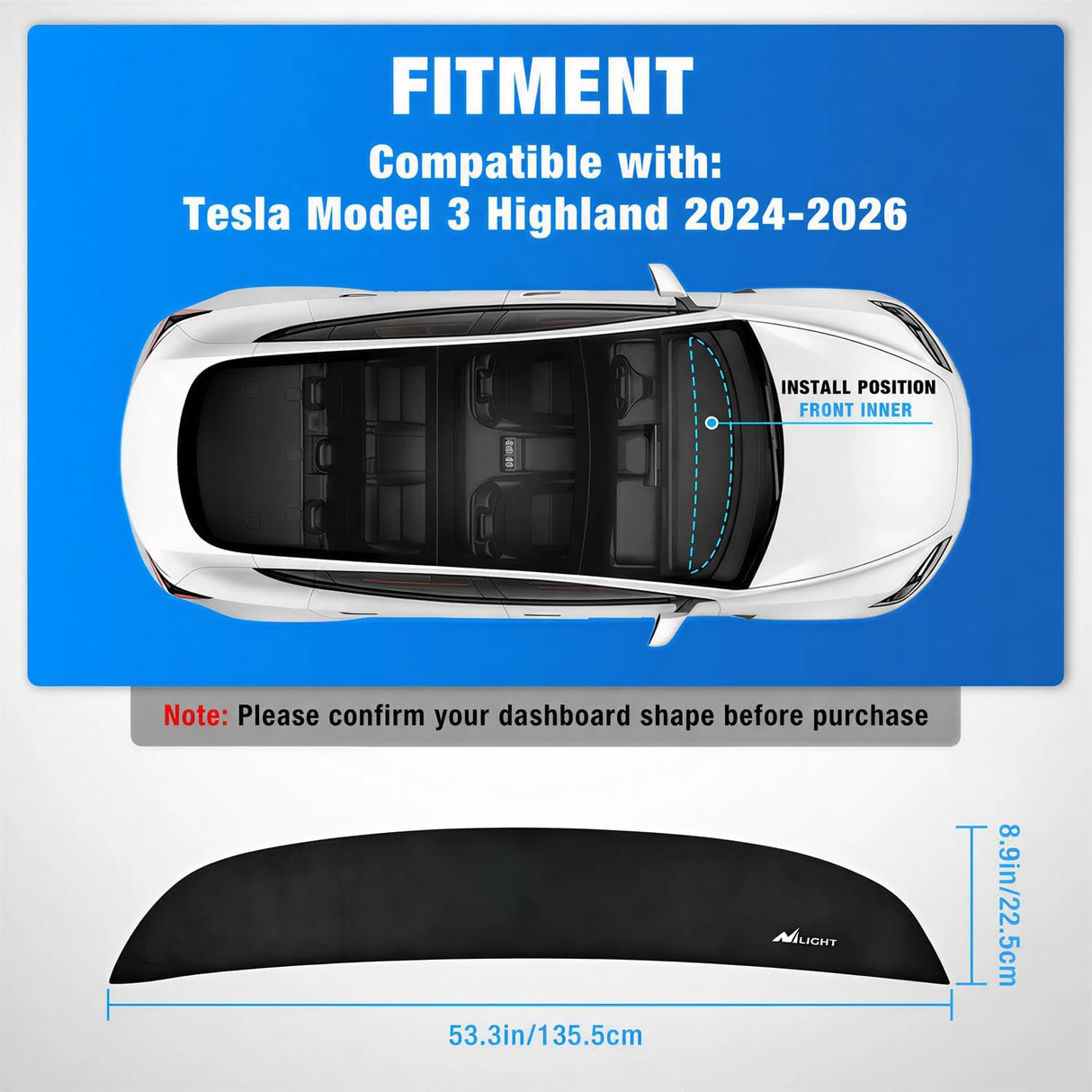 Dash Cover for Model 3 Highland 2024-2026, Custom Fit Suede Mat | Non-Slip Backing, Reduce Sun Glare and Protect the Dashboard from UV Exposure