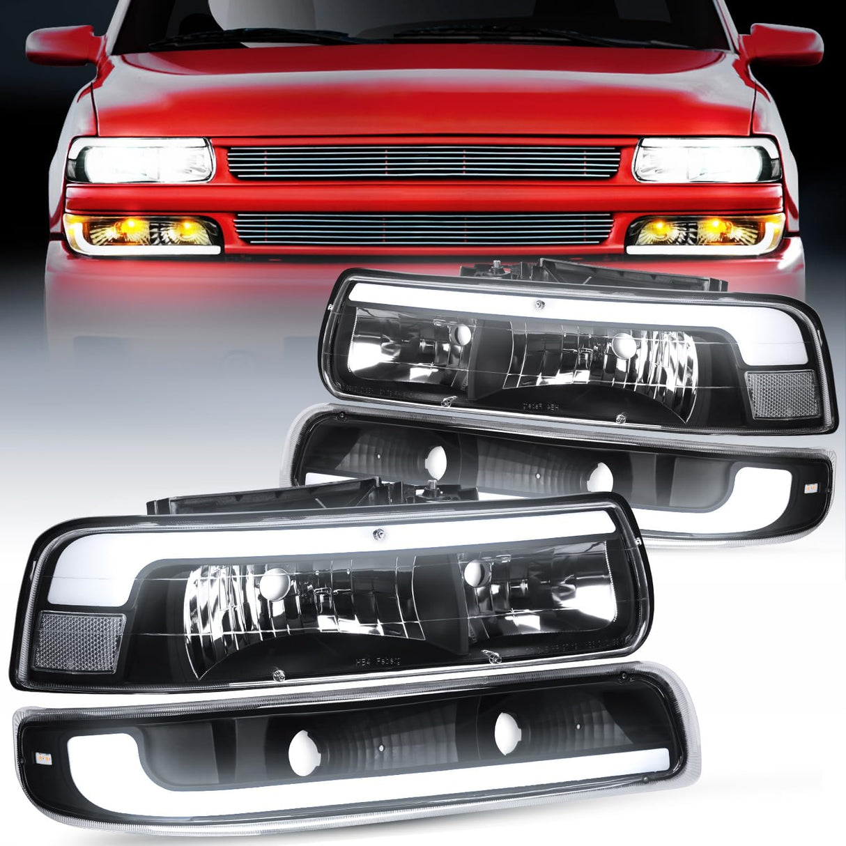 LED DRL Headlight Assembly for 1999 2000 2001 2002 Chevy Silverado 1500 1500HD 2500 2500HD 3500 Chevrolet Tahoe Suburban Replacement Headlamp Clean Lens Black Housing Bumper Lights Set