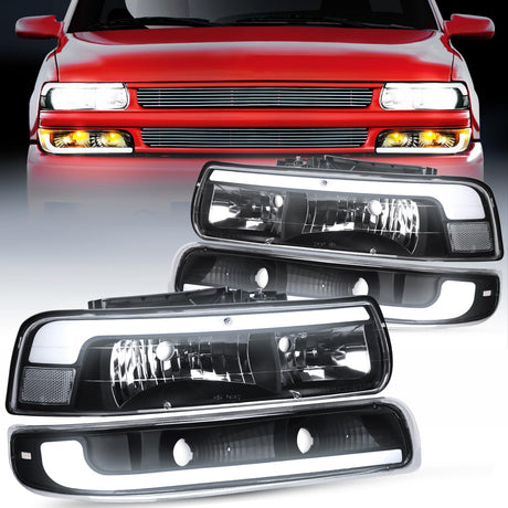 LED DRL Headlight Assembly for 1999 2000 2001 2002 Chevy Silverado 1500 1500HD 2500 2500HD 3500 Chevrolet Tahoe Suburban Replacement Headlamp Clean Lens Black Housing Bumper Lights Set