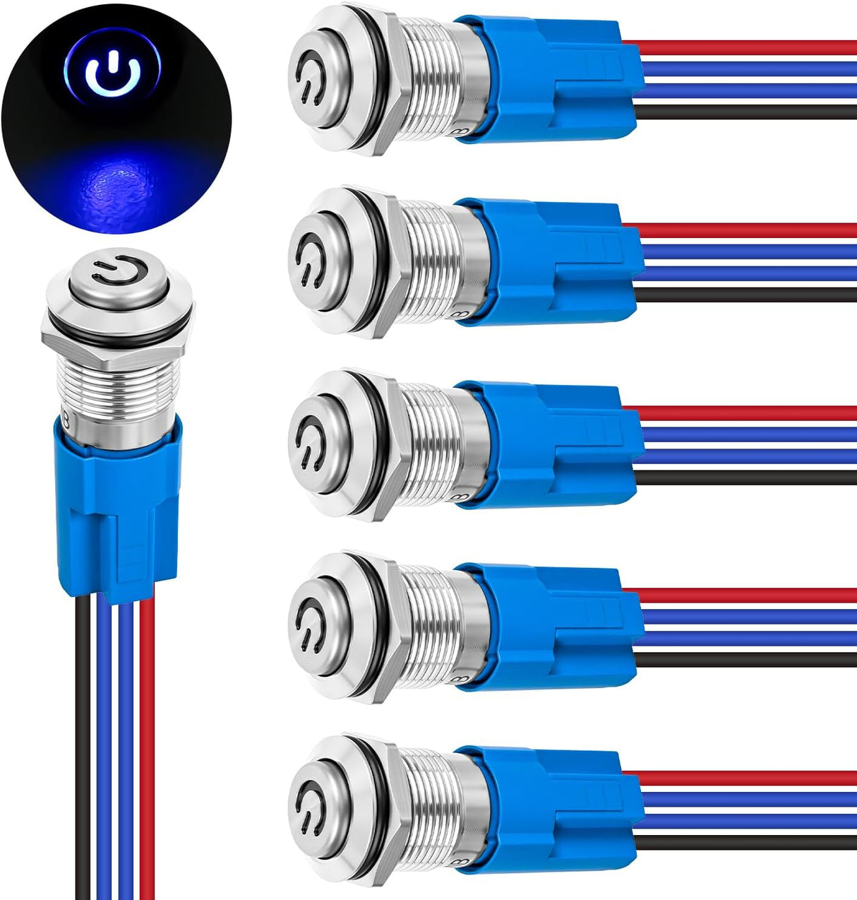 12mm Latching Push Button Switch 6pcs LED Blue Waterproof Small Round Power Button Switches with Pre-Wiring Socket for Car Truck Boat Marine RV Vehicle