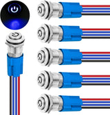 12mm Latching Push Button Switch 6pcs LED Blue Waterproof Small Round Power Button Switches with Pre-Wiring Socket for Car Truck Boat Marine RV Vehicle