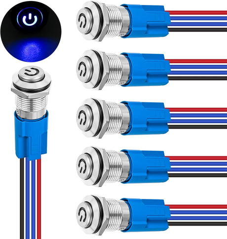 12mm Latching Push Button Switch 6pcs LED Blue Waterproof Small Round Power Button Switches with Pre-Wiring Socket for Car Truck Boat Marine RV Vehicle