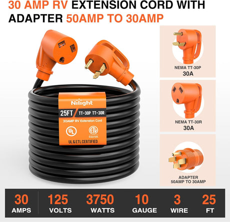 25FT 30 Amp RV Extension Cord with Adapter 50Amp to 30Amp 125V Heavy Duty 10/3 Gauge Pure Copper STW Wire UL ETL Listed 3 Prong TT-30P TT-30R Weatherproof Suit for Generators Campers