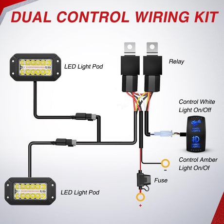 Flush Mount LED Light Pods 2PCS 6 Inch 39W Amber White 3 Lighting Modes Fog Lights Spot Flood Beam with Dual Control 18AWG Wiring Harness for Truck Pickup Golf Cart UTV ATV SUV Boat 4x4 Car