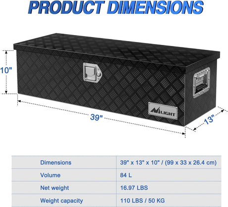 39 Inch Truck Tool Box Heavy Duty Aluminum Stripes Plated Pick Up Truck Bed Toolboxes 39 Inchx13 Inchx10 Inch Waterproof Storage Organizer for Bed of Truck RV Trailer with Side Handle Lock Keys, Black