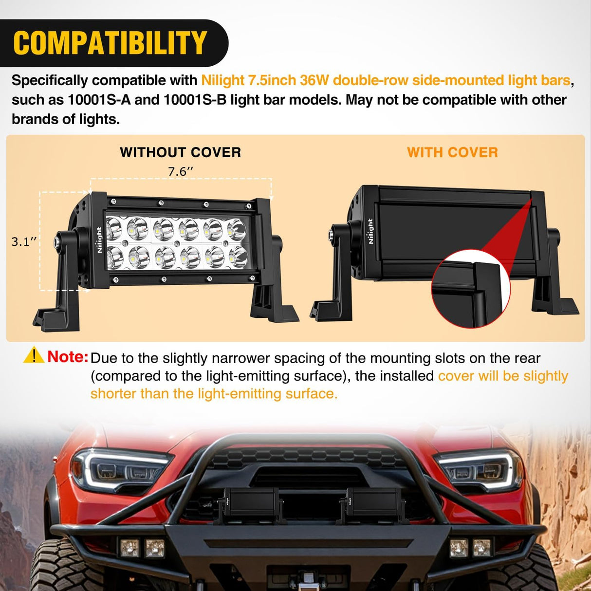 7.5 Inch 36 W Spot LED Light Bar Black Cover | Protective Durable Polycarbonate Lens, Waterproof Dustproof Scratch-Proof for Double Row Side-Mounted Bumper Driving Fog Lamp