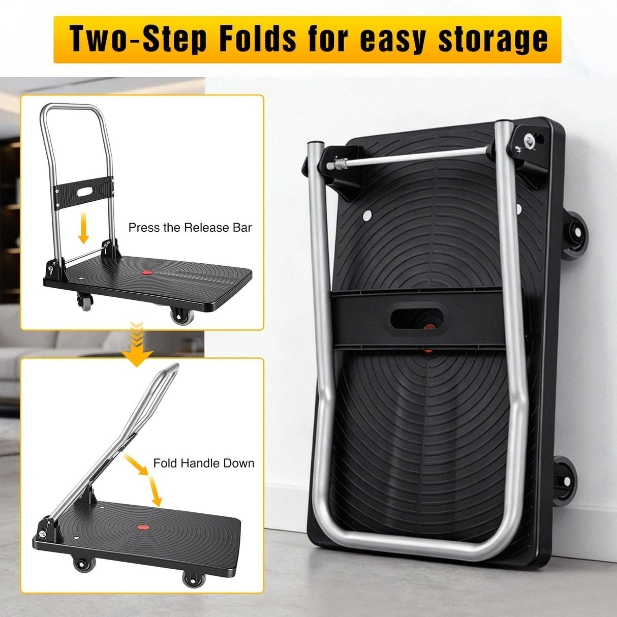 Foldable Platform Cart 220 lbs Push Dolly with 3 Inch PU Wheels PP Deck Flatbed Cart for Home Garage Office Use Black