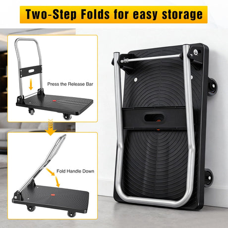 Foldable Platform Cart 220 lbs Push Dolly with 3 Inch PU Wheels PP Deck Flatbed Cart for Home Garage Office Use Black