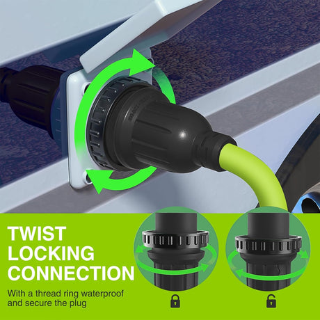 50FT 30 Amp RV Locking Extension Cord 125V Heavy Duty 10/3 Gauge Pure Copper STW Wire UL ETL Listed 3 Prong TT-30P L5-30R Weatherproof Suit for Camper Caravan Trailer Bright Green
