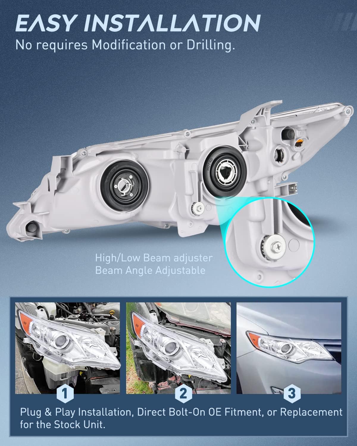 2012-2014 Toyota Camry L/LE/XLE/Hybrid LE XLE Headlight Assembly Chrome Housing Amber Reflector Clear Lens Nilight
