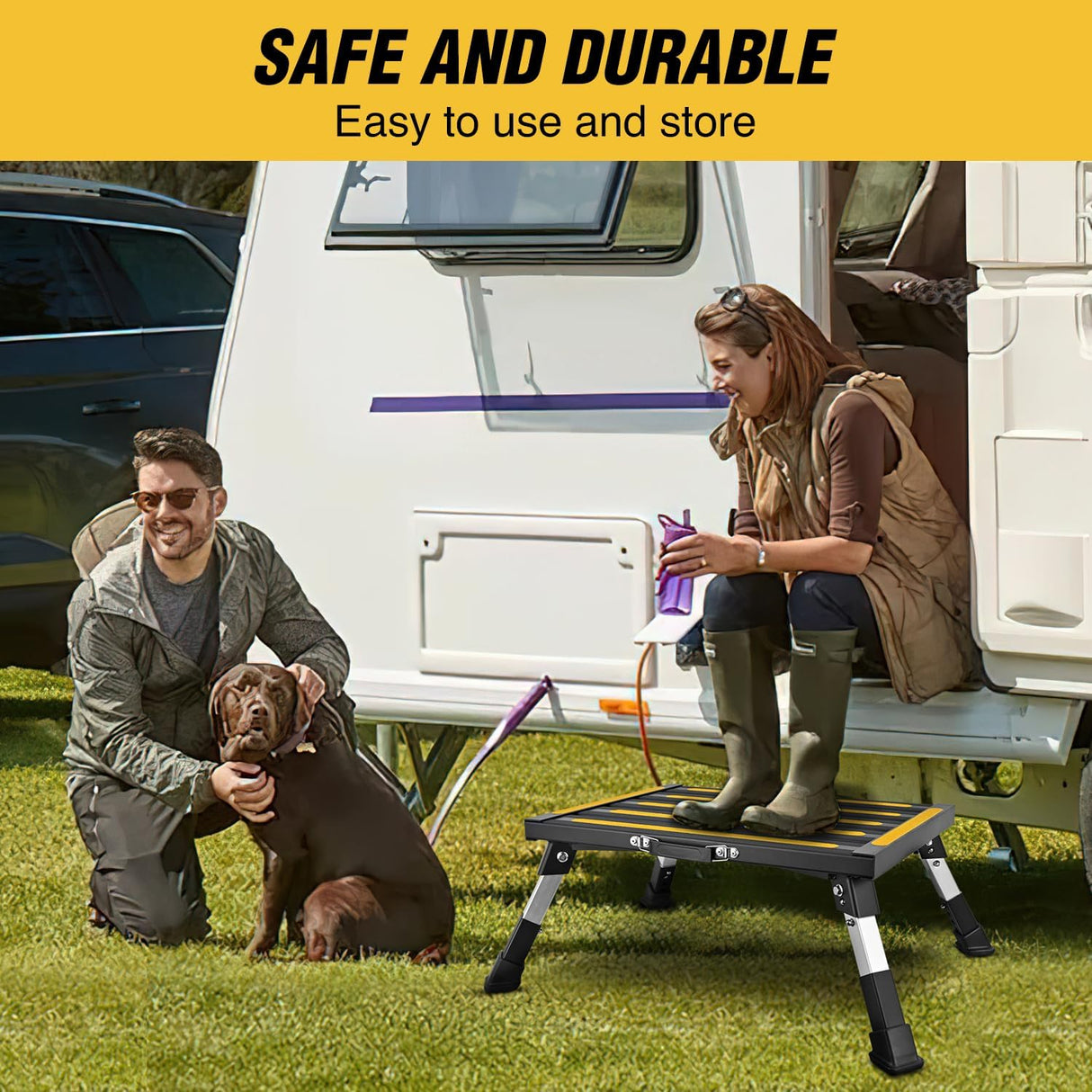 RV Step Stool Aluminum Folding Platform Steps 19x14.5 RV Steps 4 Levels Adjustable Heavy Duty Step Stool with Anti-Slip Surface Rubber Feet Portable Handle 500lbs for Camper Trailer, Black