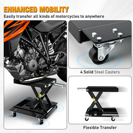 Motorcycle Lift 1100 LBS ATV Scissor Lift Jacks with Dolly Wheels Crank Handle 5.1 Inch-15.7 Inch Hoist Stand Heavy Duty Steel Lifter Jack for Motorcycles Dirt Bike Garage Storage Repair Tool, Black