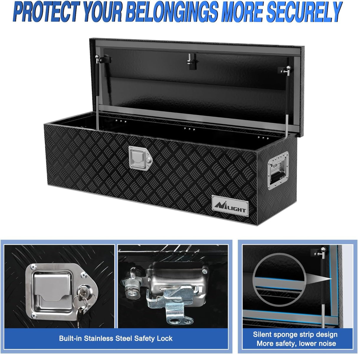 39 Inch Truck Tool Box Heavy Duty Aluminum Stripes Plated Pick Up Truck Bed Toolboxes 39 Inchx13 Inchx10 Inch Waterproof Storage Organizer for Bed of Truck RV Trailer with Side Handle Lock Keys, Black