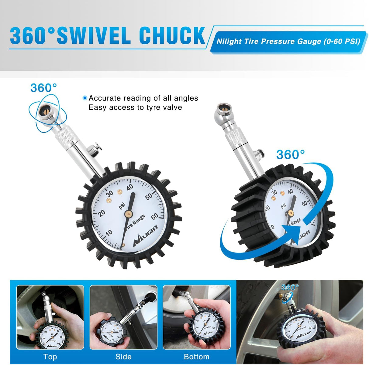 Tire Pressure Gauge 60PSI Heavy Duty Stainless Steel Air Chucks ANSI B40.1 Certified Large 2 Inch Dial Wheel Service Checker for Truck Semi Truck ATV Motorhome Cars & RV Accessories