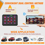12 Gang Switch Panel Circuit Control Relay System APP RGB Backlight Fuse Wiring Harness Toggle Momentary Strobe Flash Modes Automatic Dimmable 12V 24V for Car Truck Camper SUV