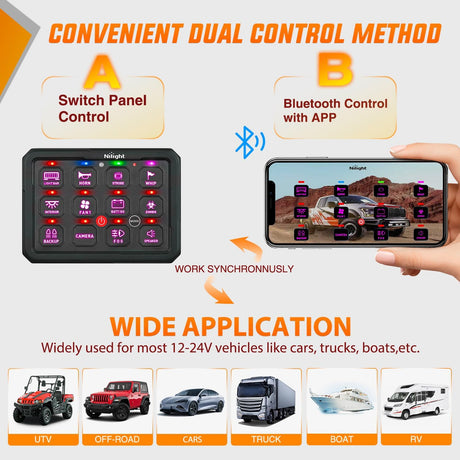 12 Gang Switch Panel Circuit Control Relay System APP RGB Backlight Fuse Wiring Harness Toggle Momentary Strobe Flash Modes Automatic Dimmable 12V 24V for Car Truck Camper SUV