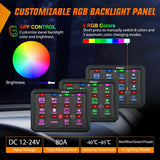 12 Gang Switch Panel Circuit Control Relay System APP RGB Backlight Fuse Wiring Harness Toggle Momentary Strobe Flash Modes Automatic Dimmable 12V 24V for Car Truck Camper SUV