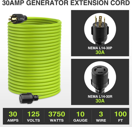 100FT 30Amp Generator Extension Cord 125V Heavy Duty 10/3 Gauge Pure Copper STW Wire UL ETL Listed 4 Prong L14-30P L14-30R Weatherproof Suit for Camper Outdoor Use Bright Green