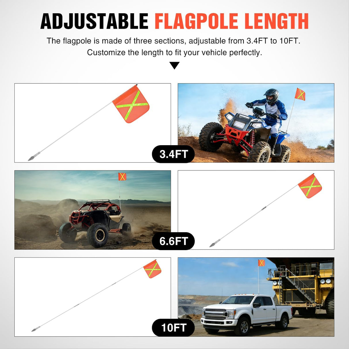 Safety Flag with Quick-Connect Spring Base & Carry Bag, Adjustable Height 3.4FT, 6.6FT, 10FT, 11.8 Inchx11.8 Inch Heavy Duty PVC Reflective Flag for ATV UTV Offroad Jeep Truck Dune Buggy Boat 4x4s SxS