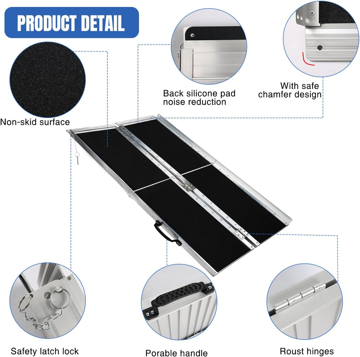 6 Feet Portable Wheelchair Ramp with Quick-Lock Non-Skid Aluminum | Handicap Ramps with Handle Folding Threshold Ramp for Home Steps, Stairs, Doorways, Scooter, Porch, Cart 800LBS Capacity