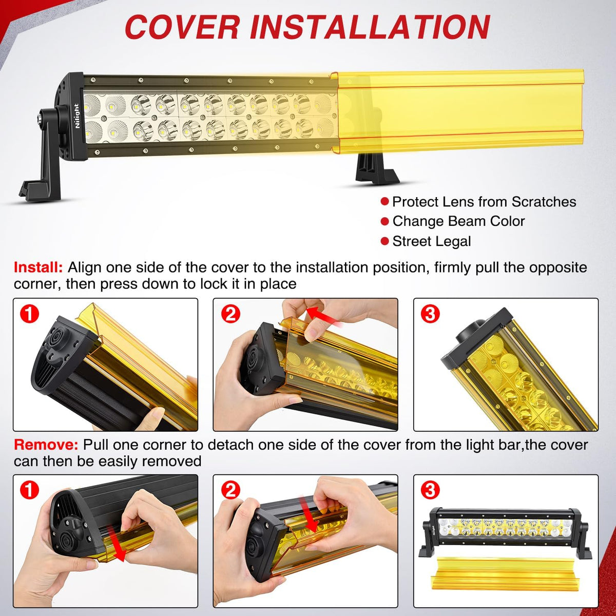 13.5 Inch 72 W LED Light Bar with Yellow Black Covers | Spot Flood Combo Lighting for Off Road Driving Fog Lamp on Motorcycle Van Camper Pickup Golf Cart ATV UTV SUV Truck Boat 4x4