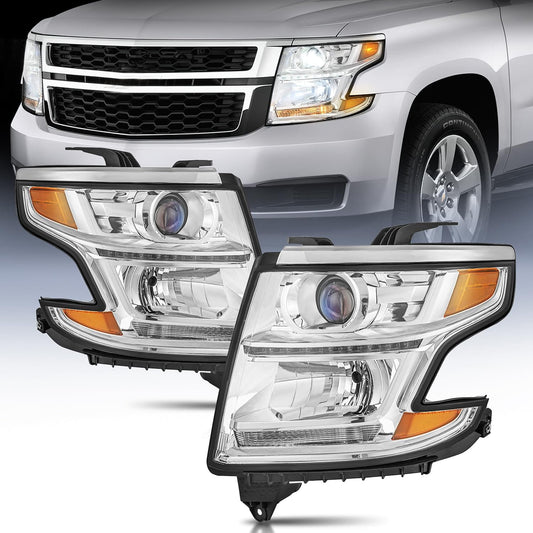 Headlight Assembly Headlight Assembly Chrome Housing Amber Reflector Clear Lens For 2015 2016 2017 2018 2019 2020 Chevy Tahoe Suburban