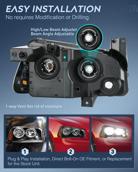 Headlight Assembly Compatible with 2006 2007 2008 2009 2010 Dodge Charger Black Housing Amber Reflector Clear Lens Headlights Replacement Bumper Lamp Set Driver and Passenger Side