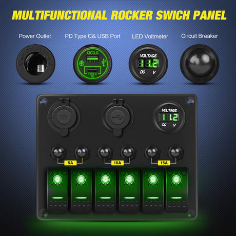 6 Gang Rocker Switch Panel Waterproof Pre-Wired Aluminum Panels with PD Type C and USB Cigarette Lighter Socket Voltmeter 12V 24V ON Off Switches for Car Trucks Boats RVs Green