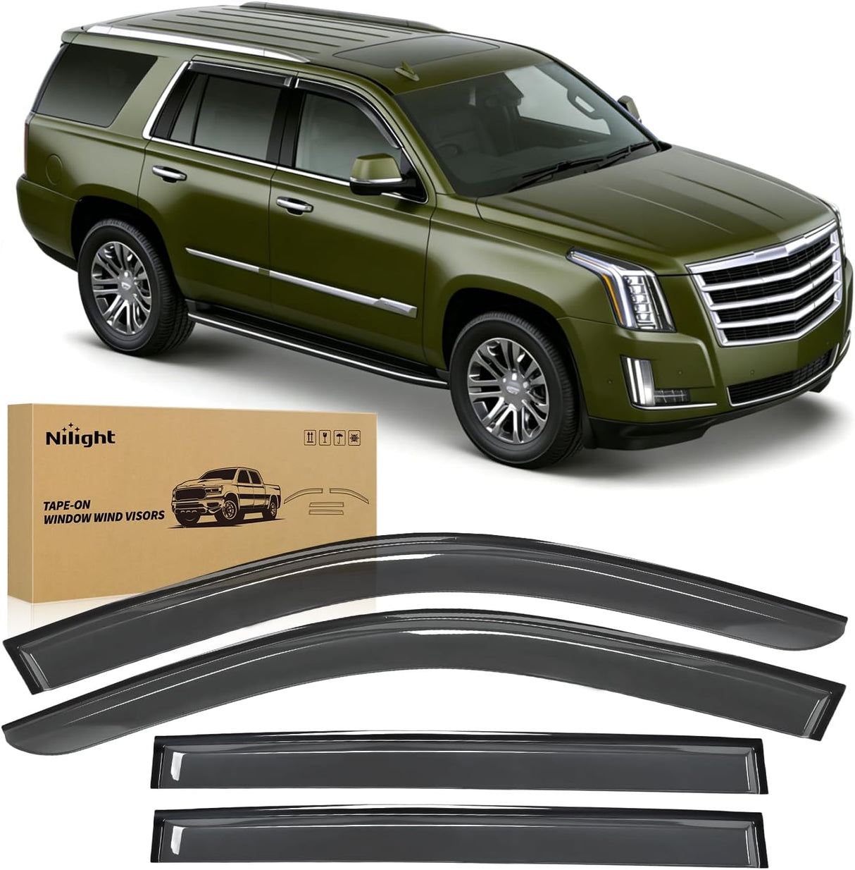 Tape-On Window Visors for Chevy Tahoe 2015-2020, 4PCS | Out-Channel Smoke Rain Guards, Helps Vent Fresh Air in Rainy Weather, Fits Cadillac Escalade/GMC Yukon 2015-2020