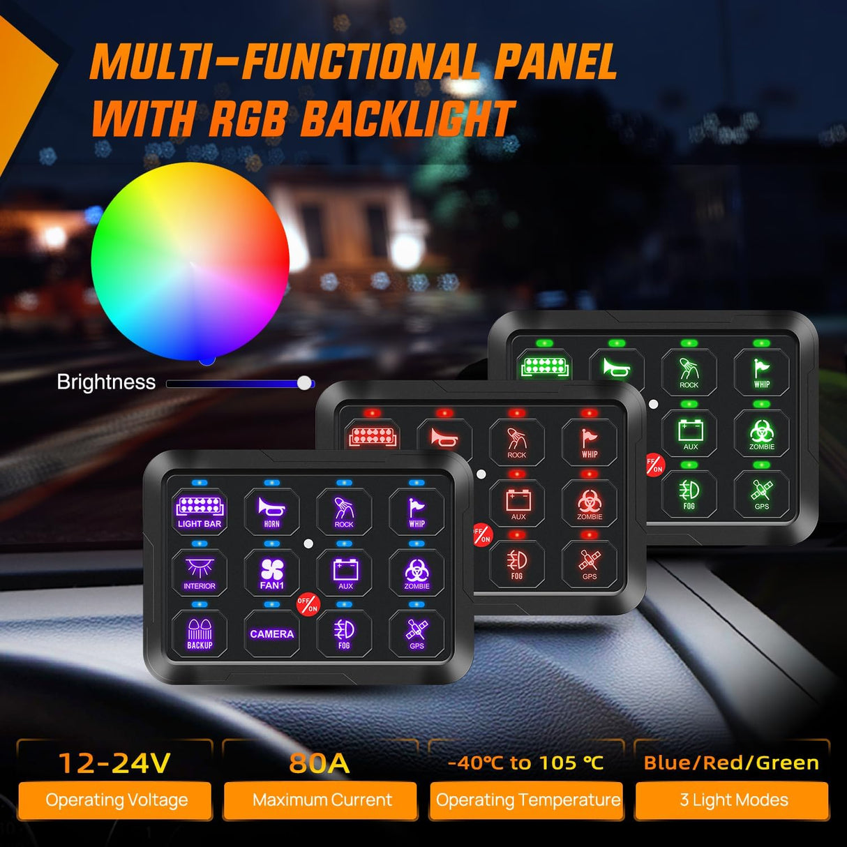 12 Gang Switch Panel 12V 24V Universal Circuit Control Relay System with RGB Backlight Fuse Relay Wiring Harness Automatic Dimmable ON Off LED Switch Pod for Car Pickup Truck Camper SUV