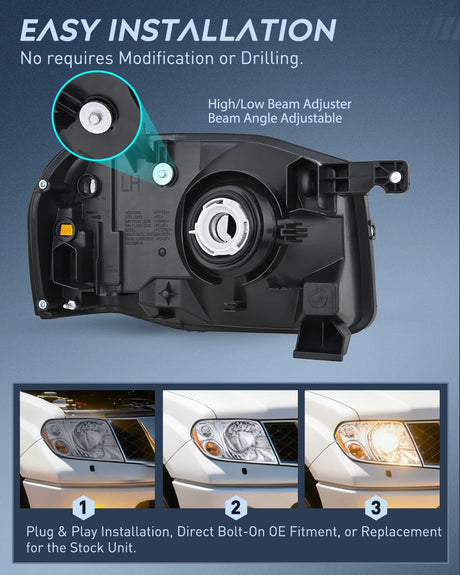 Headlight Assembly Compatible with 2001 2002 2003 2004 Nissan Frontier XE OE Style Replacement Halogen Headlights Chrome Housing Amber Reflector Headlamp Passenger and Driver
