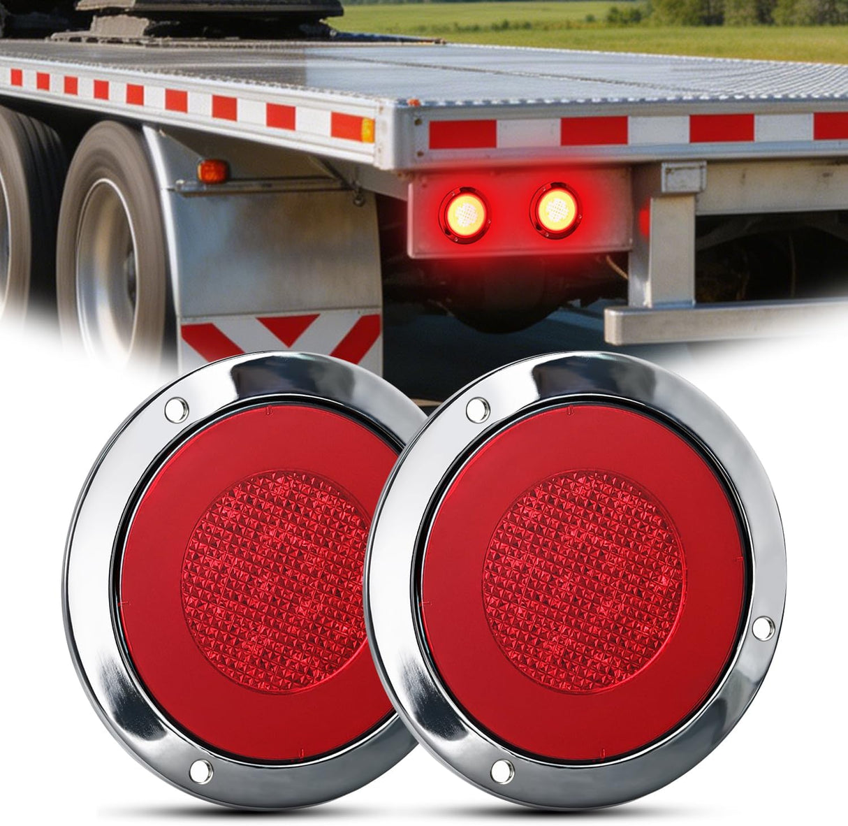 Trailer Tail Lights 2PCS 4Inch Round 32LED Red Halo Chrome | Plated Frame Grommet IP67 Waterproof Marker Clearance Stop Brake Turn Running Taillights for Trailer Truck Pickup Camper RV