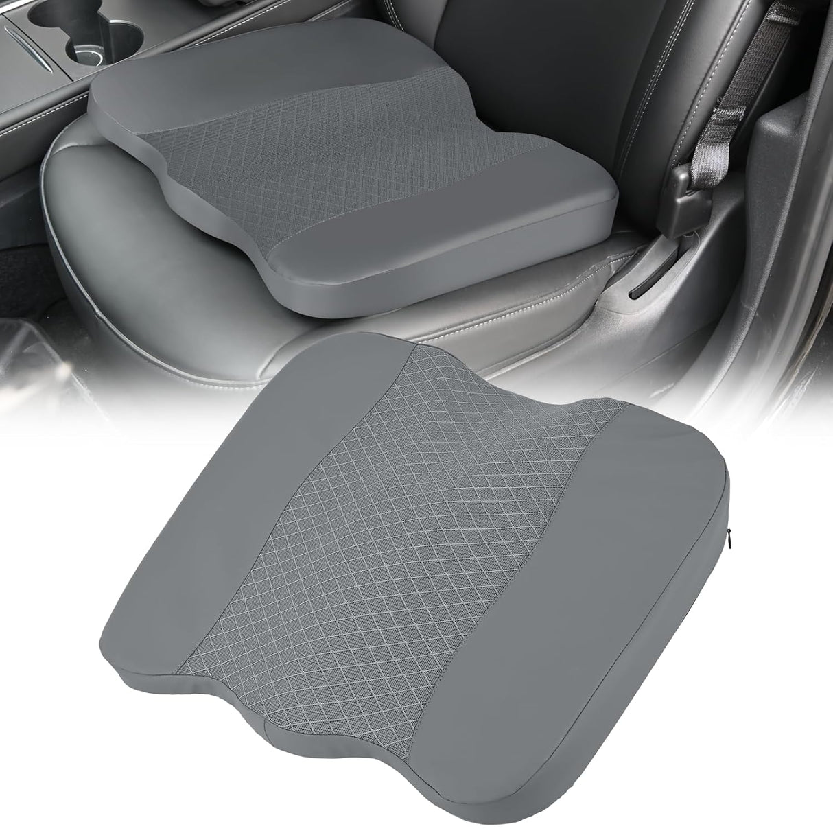 Car Seat Cushion Grey Leather Breathable Mesh Splicing Cushion Memory Foam Suitable for Daily Life Driving Relieves Sciatica and Tialbone Pain Improves Drive Visibility