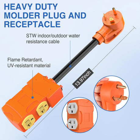 30 Amp to 20 Amp 110V RV Power Adapter Cord with Circuit Breaker NEMA TT-30P Male to 4X 5-15R/5-20R Female RV Distribution Adapter Plug ETL Listed 4 Household Outlets for RVs Camper Generator