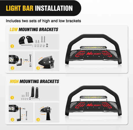 Bull Bar&License Plate Hole with LED Light Bar Compatible with Ford Ranger 2019 2020 2021 2022 2023 2024 2025 2026 Truck Brush Guard, Front Bumper Push Bar w/Grille Skid Plate Light Mount