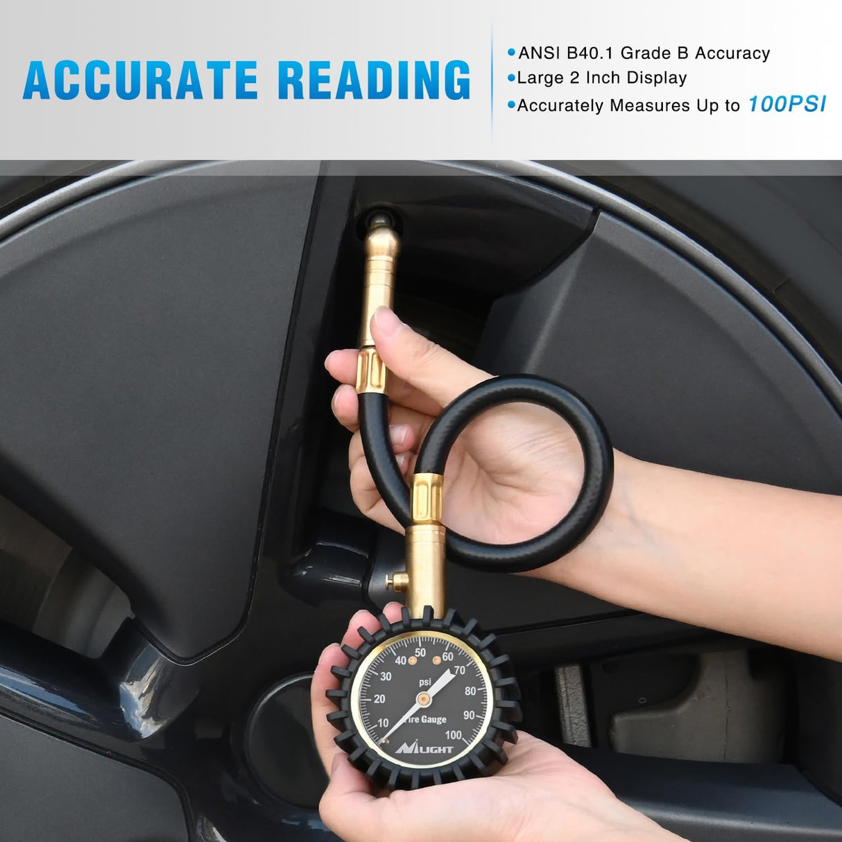 Tire Pressure Gauge 100PSI Heavy Duty Large 2 Inch Glow Dial ANSI B40.1 Certified Air Chucks Accurate Reading with Extended Hose for Truck Semi Truck ATV Motorhome Cars & RV Accessories