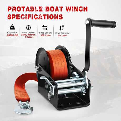 Boat Trailer Winch 3500 LBS Hand Crank Winch Heavy Duty Boat Winches with 33 FT Orange Strap Rope Hook Two Way Ratchet 4:1 8:1 Gear Portable Marine Manual Winch for Trailers Boat RV ATV Towing