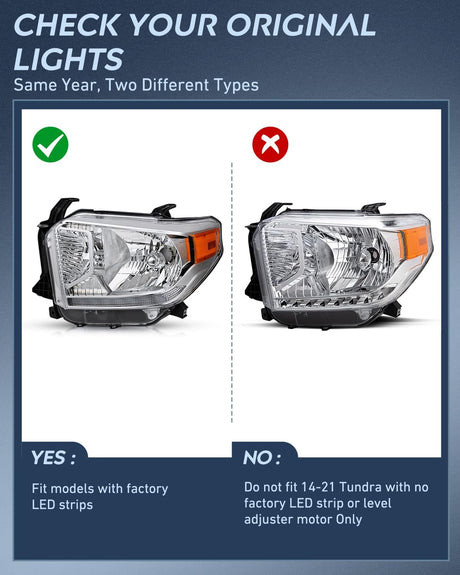 Headlight Assembly Compatible with 2014 2015 2016 2017 2018 2019 2020 2021 Toyota Tundra Chrome Housing Amber Reflector Clear Lens Bumper Headlamps Replacement Driver and Passenger Side