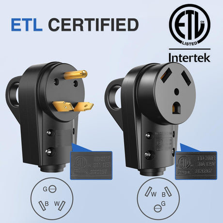 30 Amp RV Male and Female Plug Set TT-30P TT-30R Receptable 125 Volt Heavy Duty Electrical Camper ETL Listed for Caravan Motorhome Van Trailer