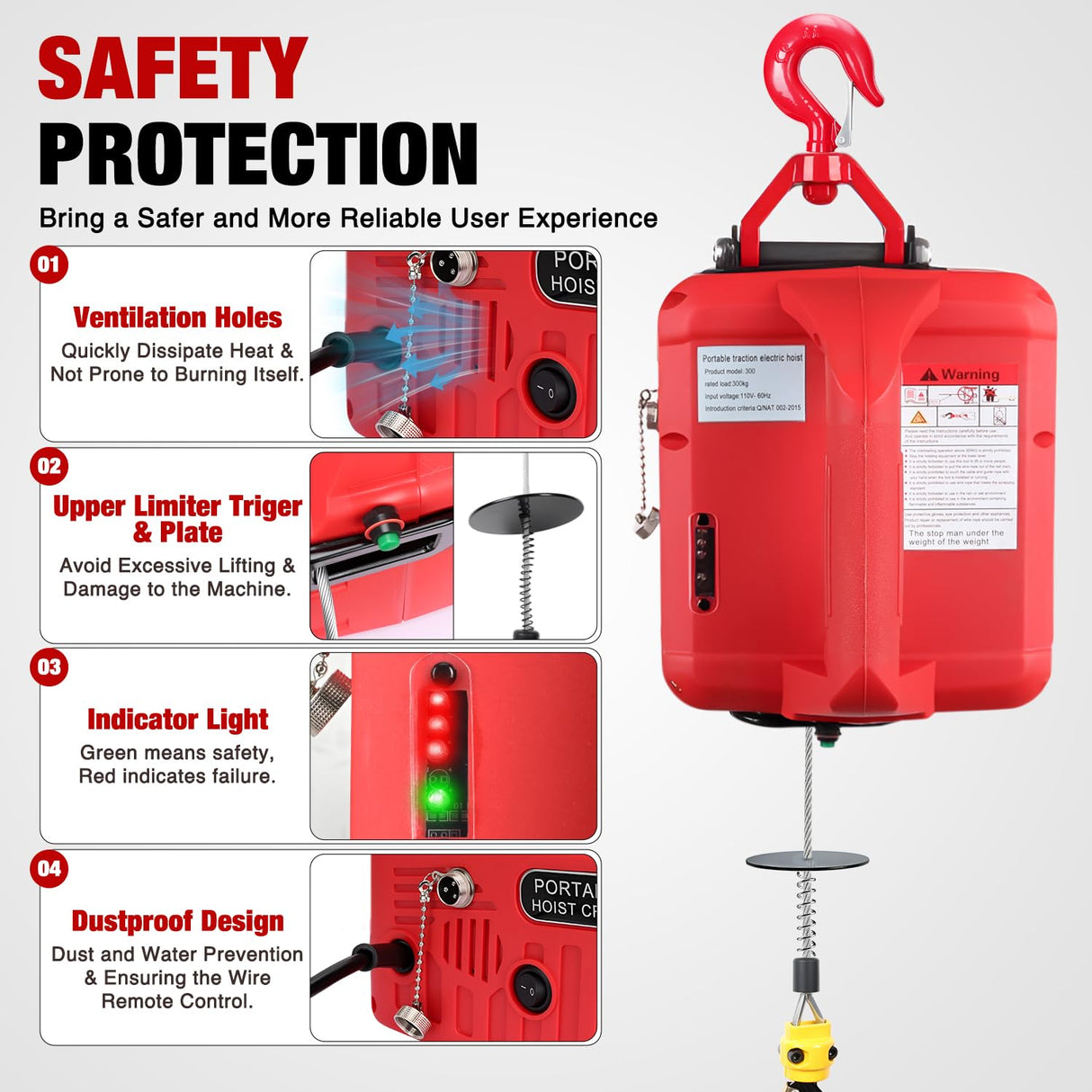 3-in-1 Electric Hoist Winch, 660LBS 1500W Portable Power Winch Crane with Manual Wired Wireless Remote Control, 110V Electric Winch 33FT/Min Speed 39FT Height for Garage Warehouse Factory, Red