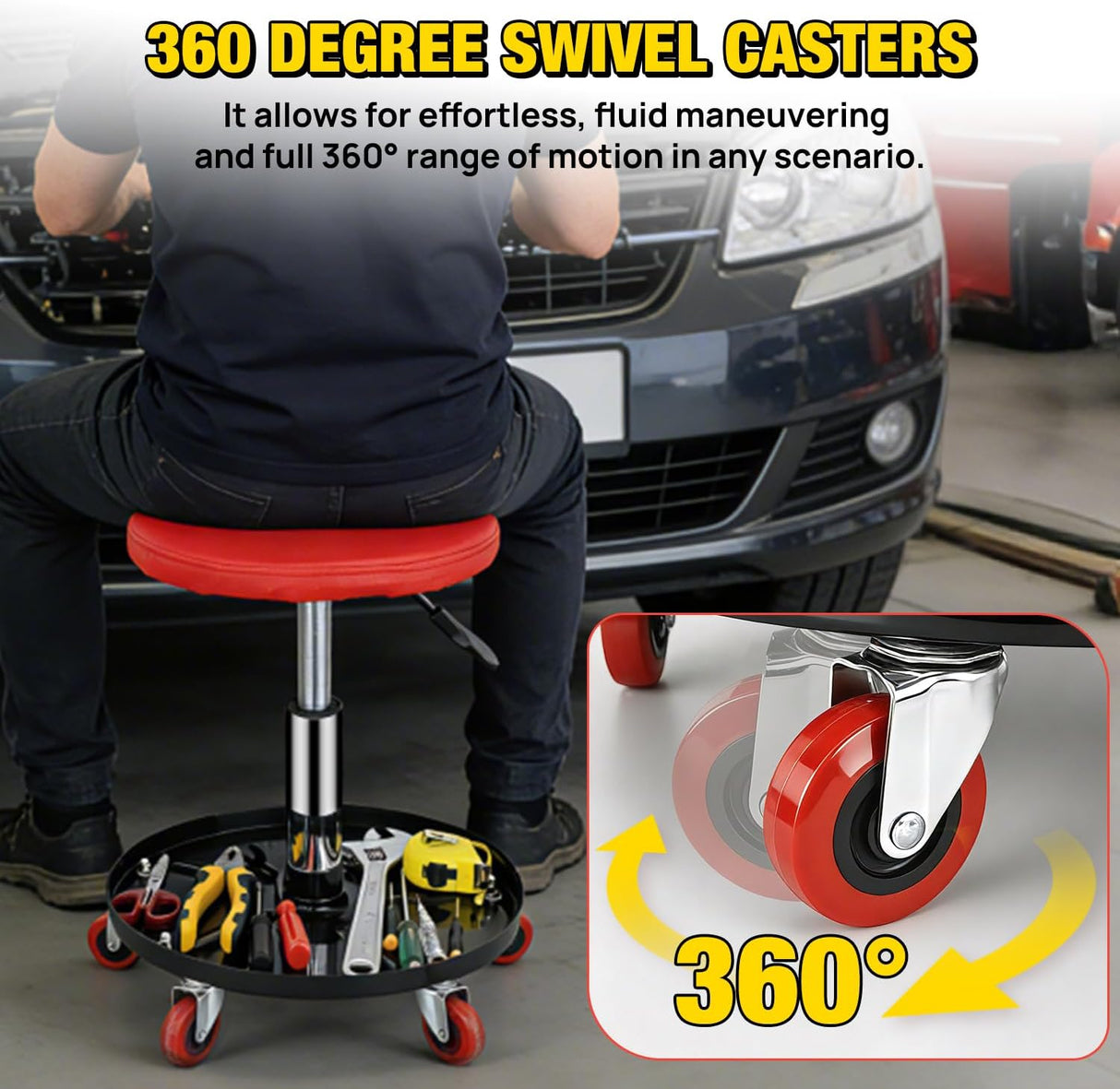 Rolling Mechanic Stool 330LBS Pneumatic Adjustable Swivel PU Seat | 360° Swivel Casters Steel Tool Tray Waterproof Seat for Garage Auto Repair Shop Workshop Warehouse Heavy Duty Workbench Stool