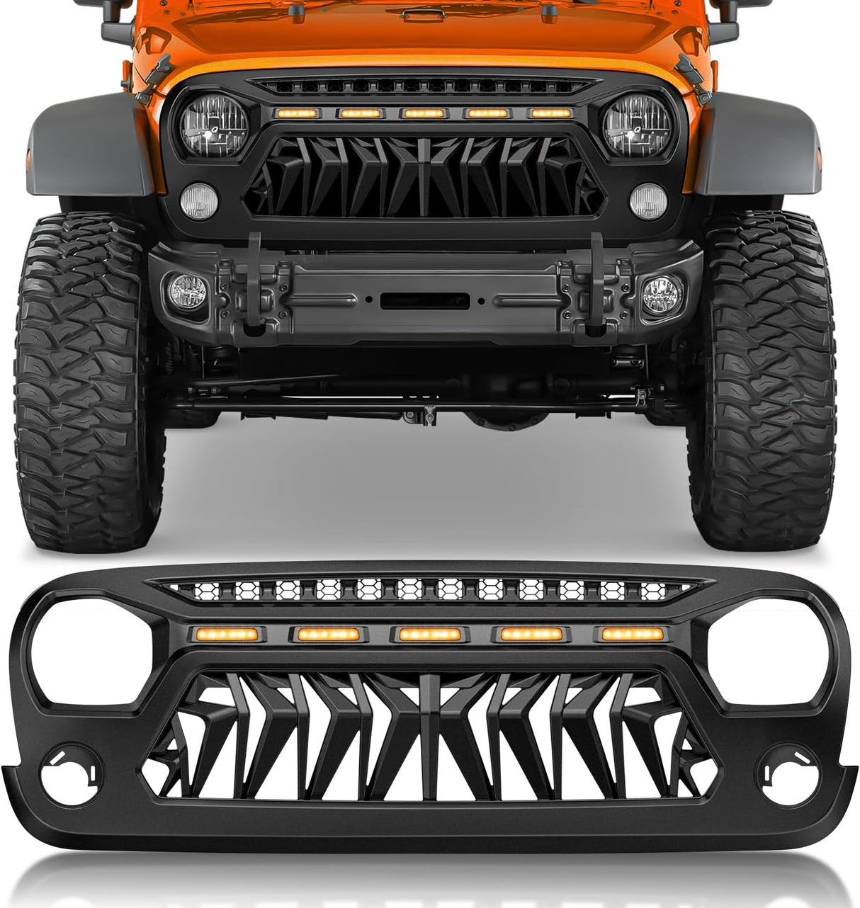 Front Grill Cover for 2007 2008 2009 2010 2011 2012 2013 2014 2015 2016 2017 2018 Wrangler JK/JKU Rubicon & Sahara Sport with LED Amber Lights Black