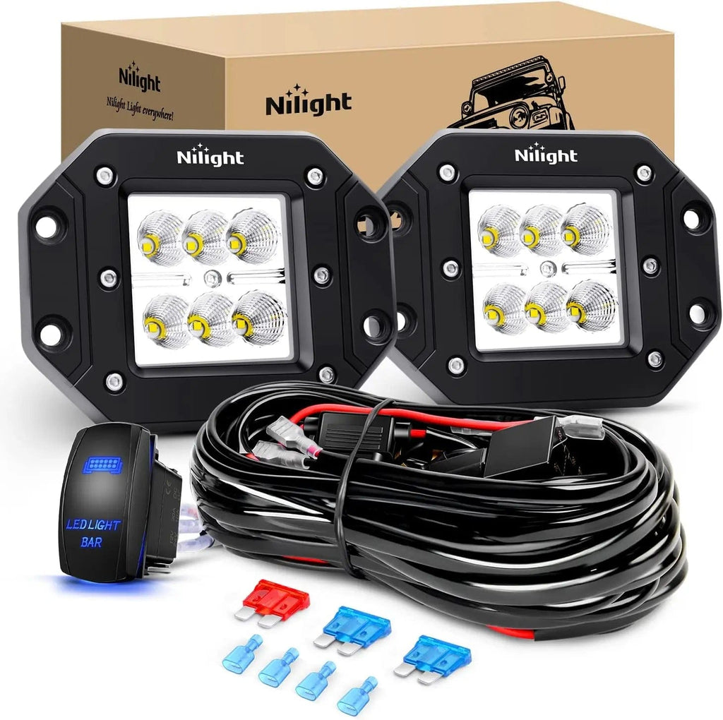 Light Bar Wiring Kit Nilight 2 Pcs 18W Flood Flush Mount LED Lights & 12V 5-Pin Rocker Switch Wiring Harness Kit for Offroad Reverse Light Backup Light, 2 Years Warranty