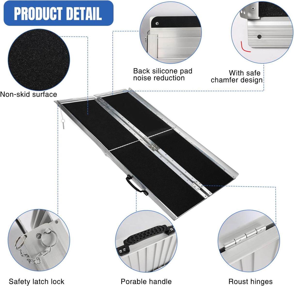 5 Feet Portable Wheelchair Ramp with Quick-Lock Non-Skid Aluminum | Handicap Ramps with Handle Folding Threshold Ramp for Home Steps, Stairs, Doorways, Scooter, Porch, Cart 800LBS Capacity