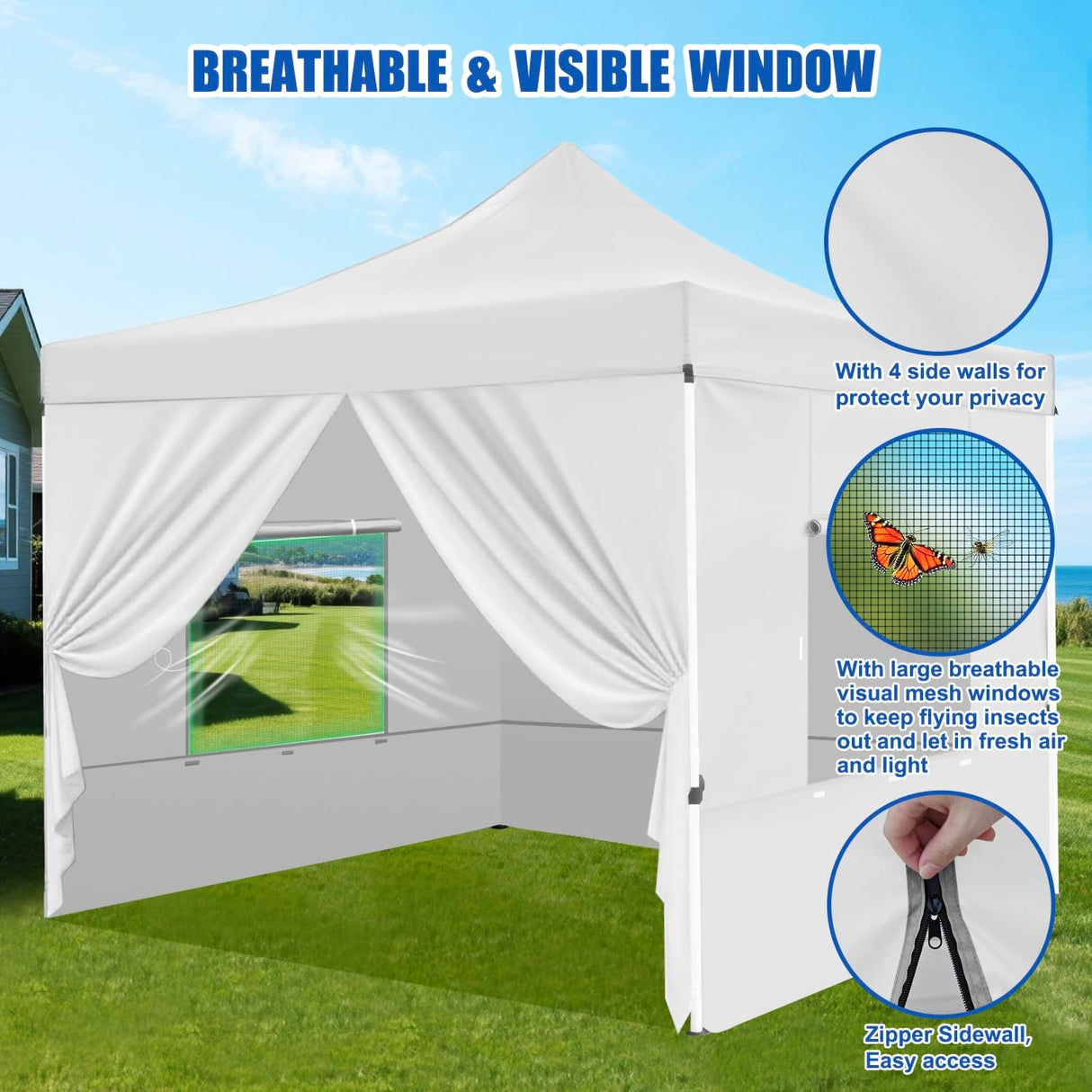 10x10 Pop Up Canopy Tent with 4 Sidewalls Portable Folding Outdoor Canopy Easy Setup Gazebo Waterproof Instant Popup Shelter Tent w Wheel Carry Bag sandbags for Events Parties Camping, White